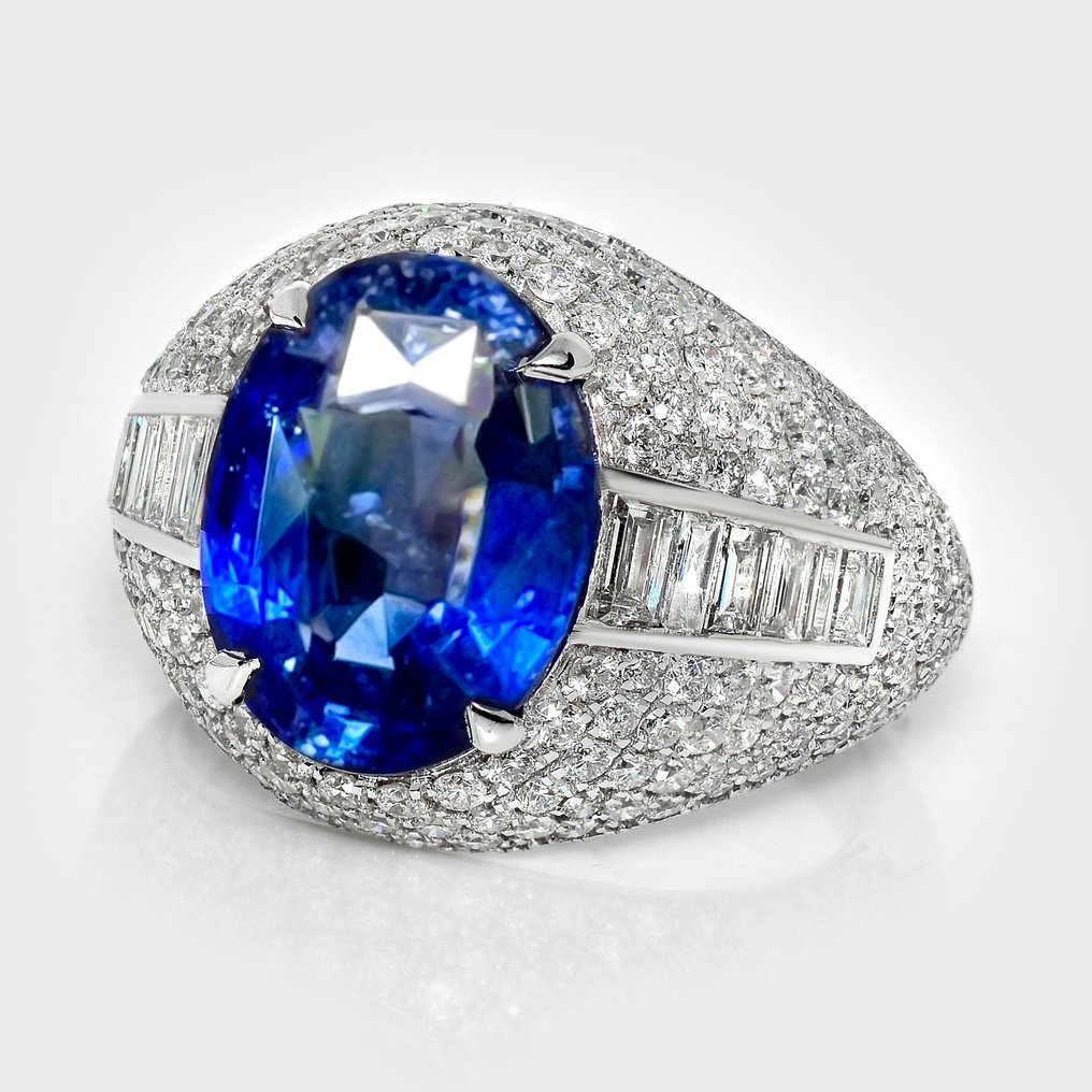 Sem preço de reserva - Anel - 14 K Ouro branco, IGI 5,95 ct Azul Profundo Intenso -  8.10ct. tw. Safira - Diamante #2.1