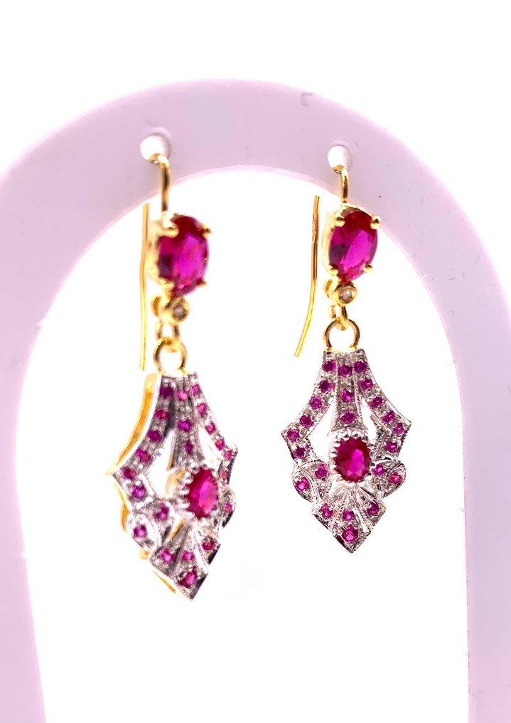 没有保留价 - 耳环 - 9 kt. 黄金, 银 红宝石 - 红宝石 - Diamanti #2.1