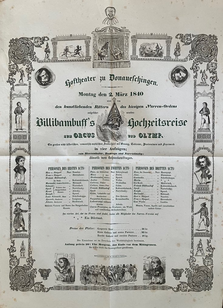 . - Billibambuff`s Hochzeitsreise aus Orcus und Olymp. Hoftheater zu Donaueschingen. Plakat - 1840 #1.0