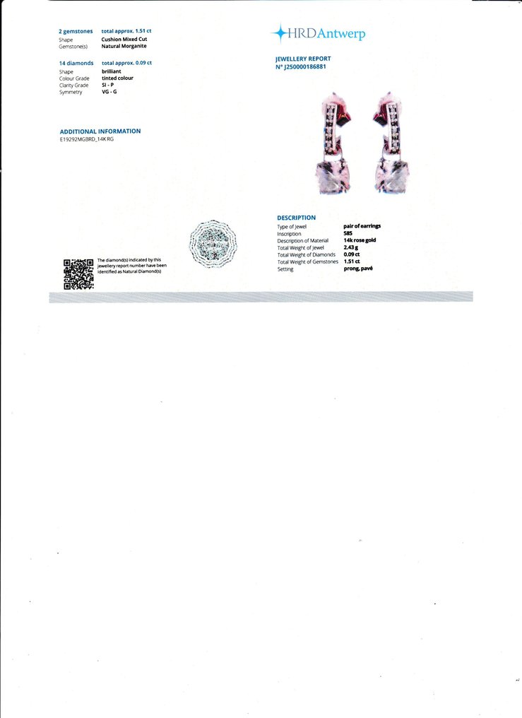 Σκουλαρίκια - 14 καράτια Ροζ χρυσό -  1.60ct. tw. Μοργκανίτης - Διαμάντι #2.1