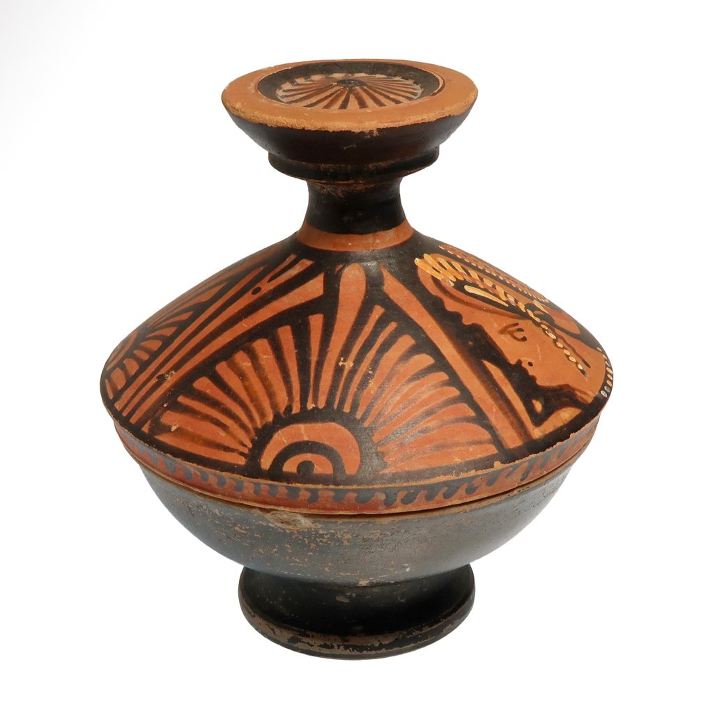 Αρχαία Ελληνικά, Απουλιανά Terracotta Ερυθρόμορφη Πυξίδα με Καπάκι και Κυρία της Μόδας (Όμιλος Kantharos) #3.2