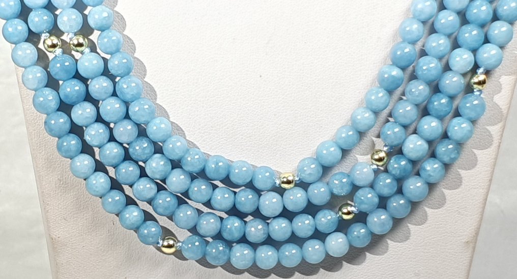 天然海蓝宝石 - AAAA++ - 超长 - 神圣保护 - 925纯银镀金扣 - 项链 #1.0