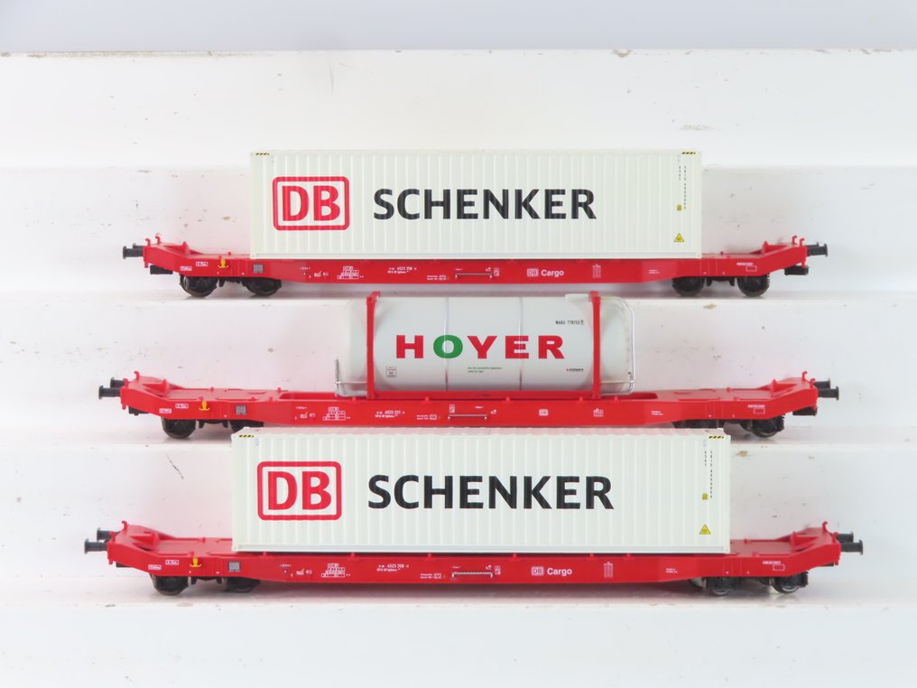 Mehano H0 - 58790/58791 - 模型貨運火車 (3) - 3辆四轮集装箱运输车，带载货和印刷标识“DB Schenker”和“Hoyer”。 - DB Cargo #1.0