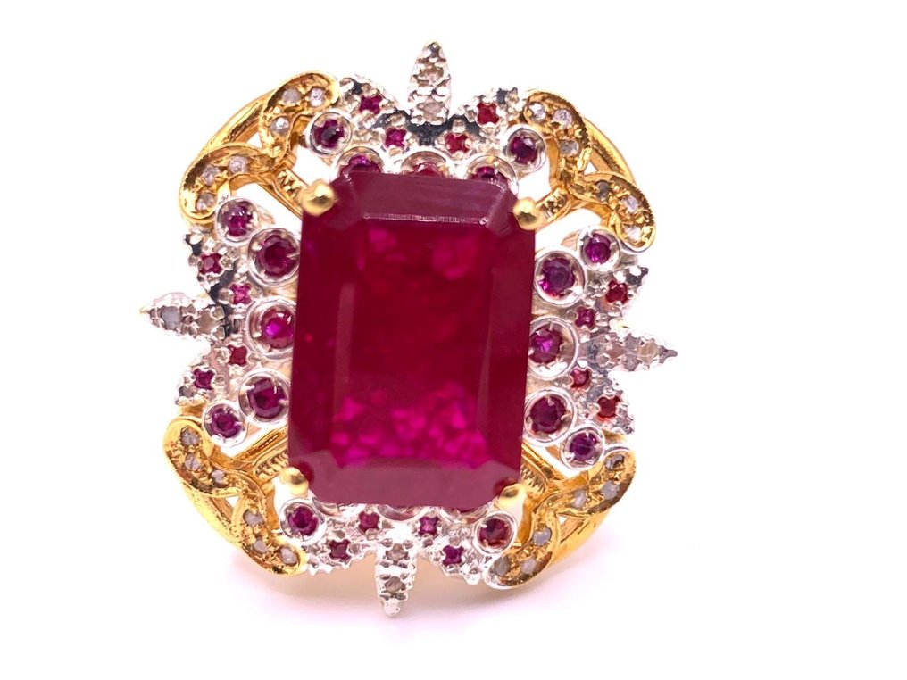 No reserve price - Cocktail ring - 9 kt. Yellow gold, Silver Ruby - Ruby - Diamonds #1.0
