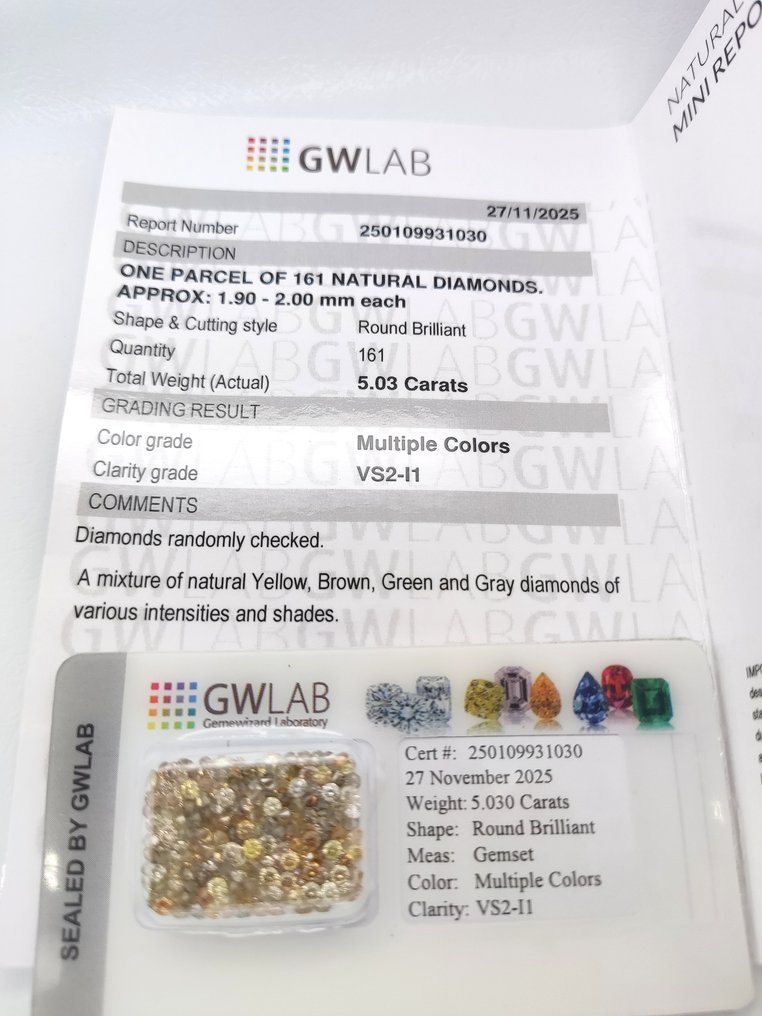 沒有保留價 - 161 pcs 鑽石  (天然彩色)  - 5.03 ct - 圓形 混色 - I1, VS1 - Gemewizard Gemological Laboratory (GWLab) #2.1
