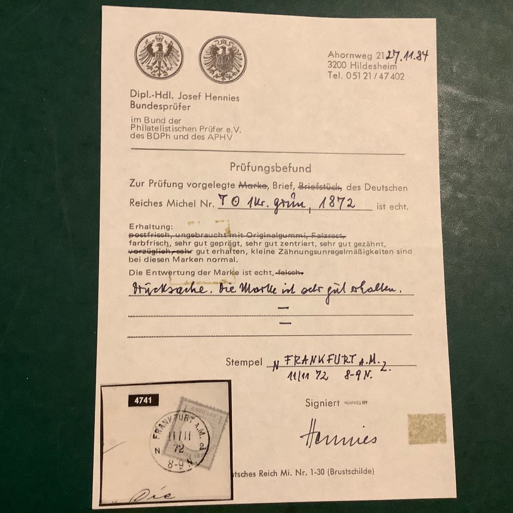 德意志帝國 1872 - 1 Kreuzer Klein Brutschield 相关的信件，附有Hennies的照片证明。 - Michel 7 #4.3