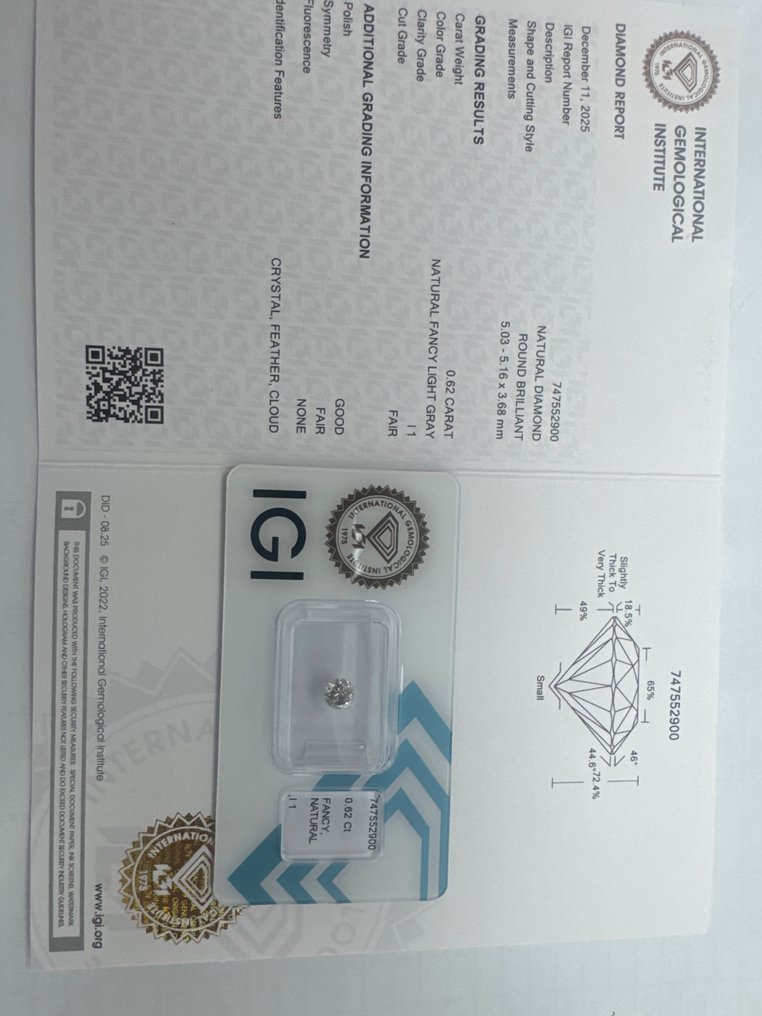 χωρίς τιμή ασφαλείας - 1 pcs Διαμάντι  (Φυσικού χρώματος)  - 0.62 ct - Στρογγυλό - Fancy light Γκρίζο - I1 - International Gemological Institute (IGI) #1.0