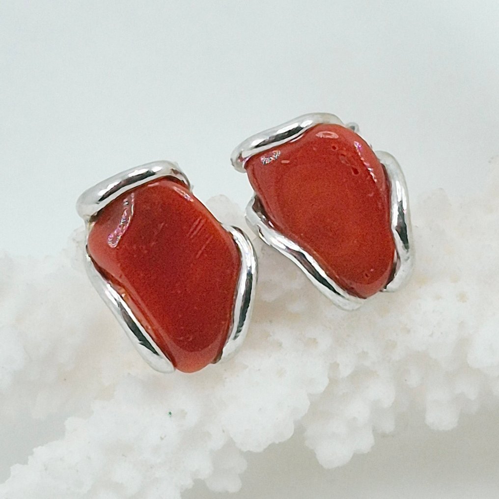 Κοράλλι αίματος - Ασημί - Σκουλαρίκια - CORALLO MEDITERRANEO #1.0