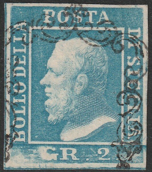Italiaanse oude staten - Sicilië 1859 - 2 gr. I^ Tav. lichtblauw azuur, NA, pos. 100 Sass, 6h, goed gemarginaliseerd gebruikt, Spl. #1.0