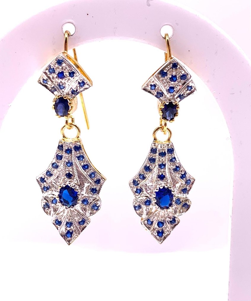 没有保留价 - 耳环 - 9 kt. 黄金, 银 蓝宝石 - 蓝宝石 #1.0