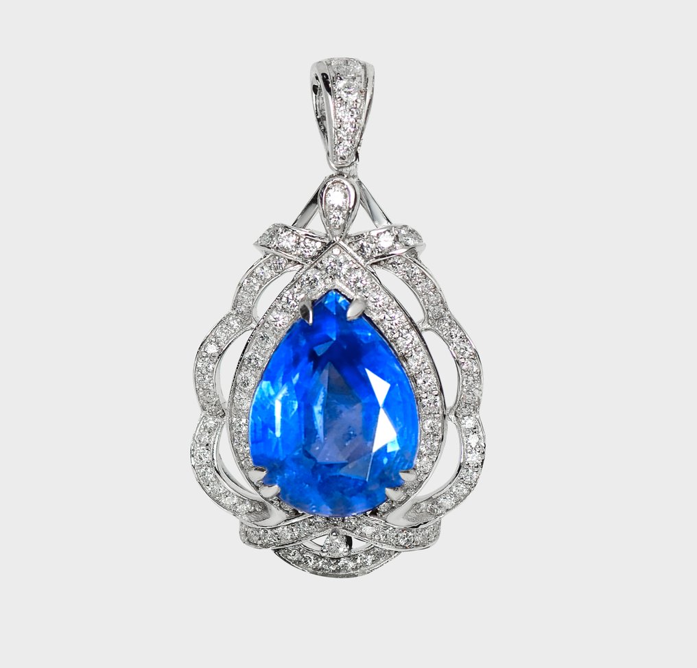 Ingen reservasjonspris - Anheng - 14 karat Hvitt gull, IGI 7,15 ct Intense Deep Blue -  7.76ct. tw. Safir - Diamant #1.0