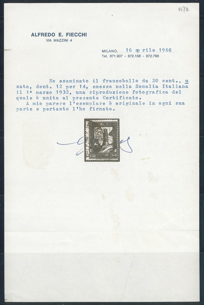 意屬索馬里  - Pittorica 20 c. dent. 14 x 12 n. 171a（证书：Fiecchi）。 #1.0