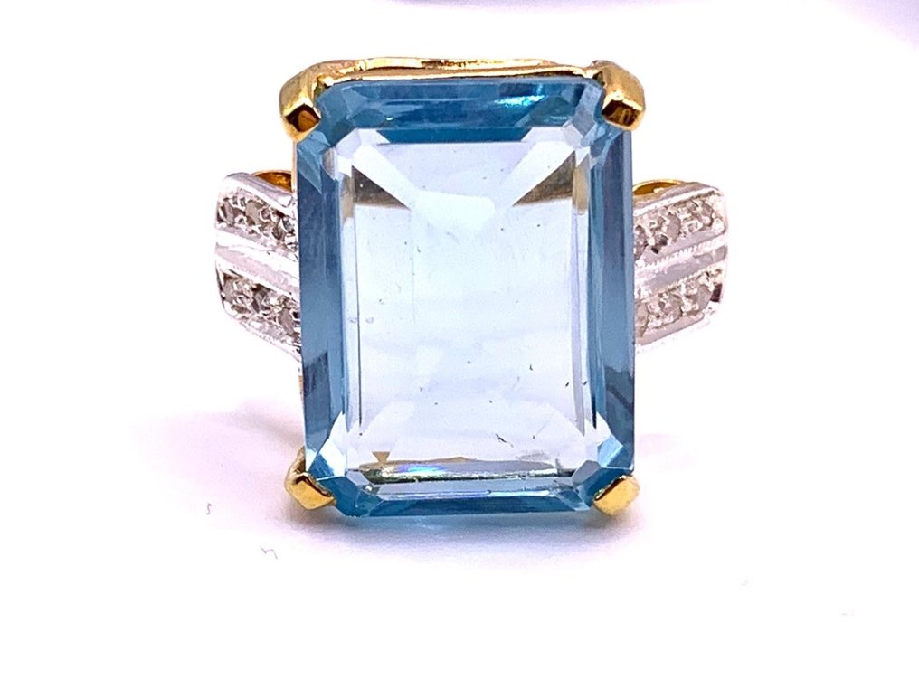 χωρίς τιμή ασφαλείας - Statement δαχτυλίδι - 9 kt. Κίτρινο χρυσό, Ασημί Ακουαμαρίνης - Διαμάντι #1.0