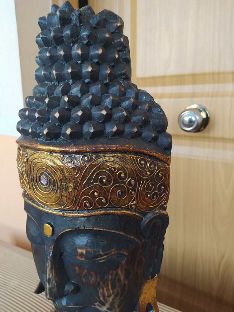 Cabeza de buda de madera de 50 cms en pedestal - 雕塑 - 印度尼西亚  (没有保留价) #4.3