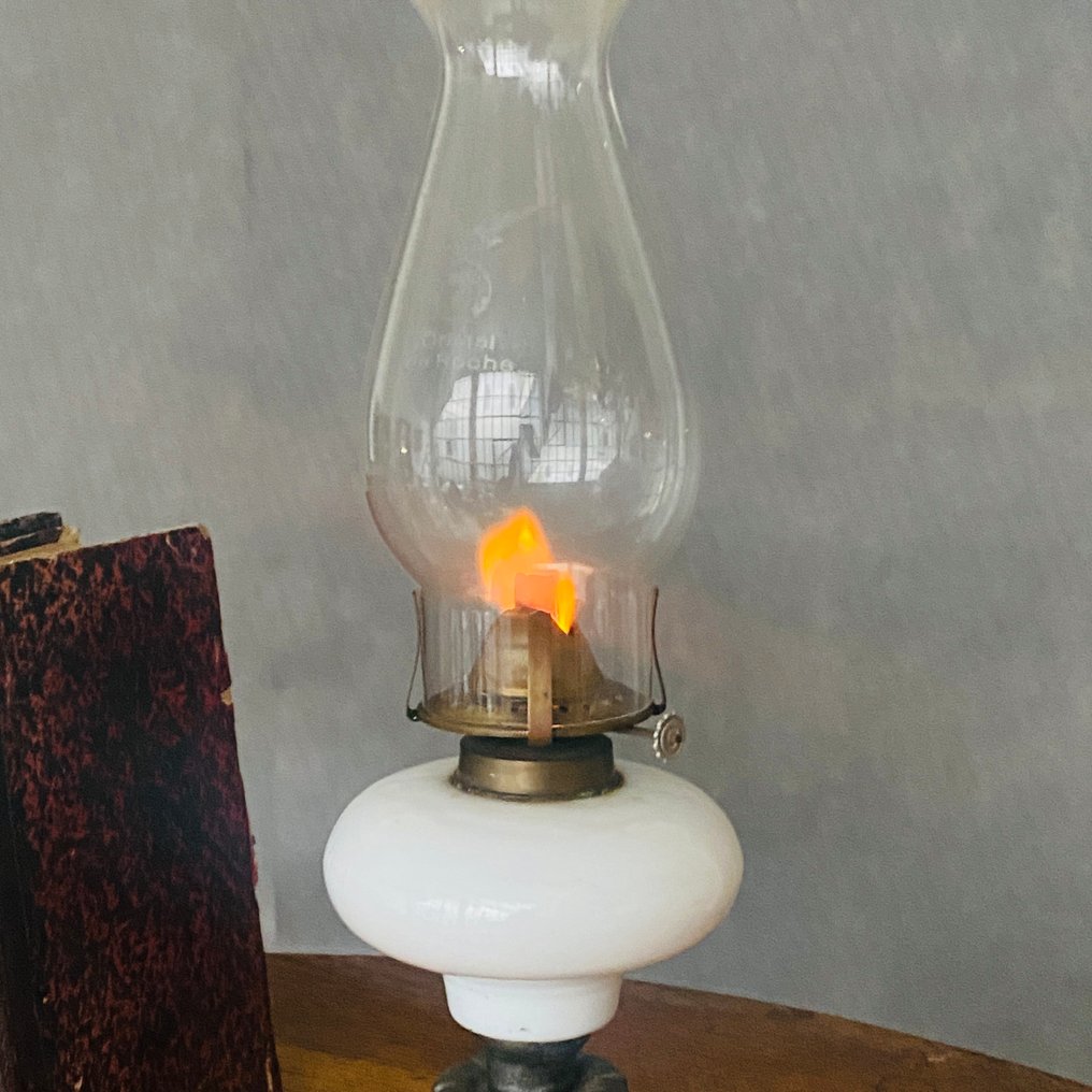 Lampe à pétrole - Verre, ancienne lampe à pétrole fin XIXe siècle, Métal #4.3