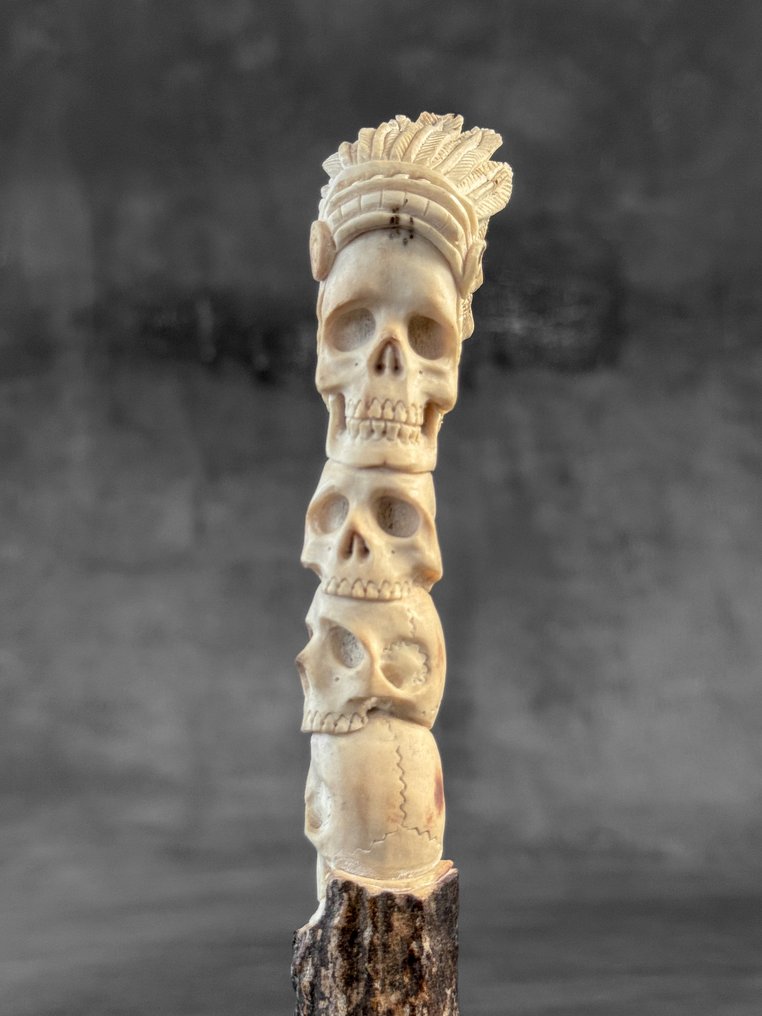 Intaglio, NO RESERVE PRICE - Stunning Native American Human Skulls Carving from a Deer Antler on a custom - 20 cm - Deer Antler - 2025 #1.0