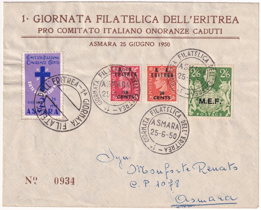 Occ. britannica dell'Eritrea 1950 - 25 Giu 2/6 MEF + 10+20 c. BA Eritrea su busta da Asmara x città Spl #1.0