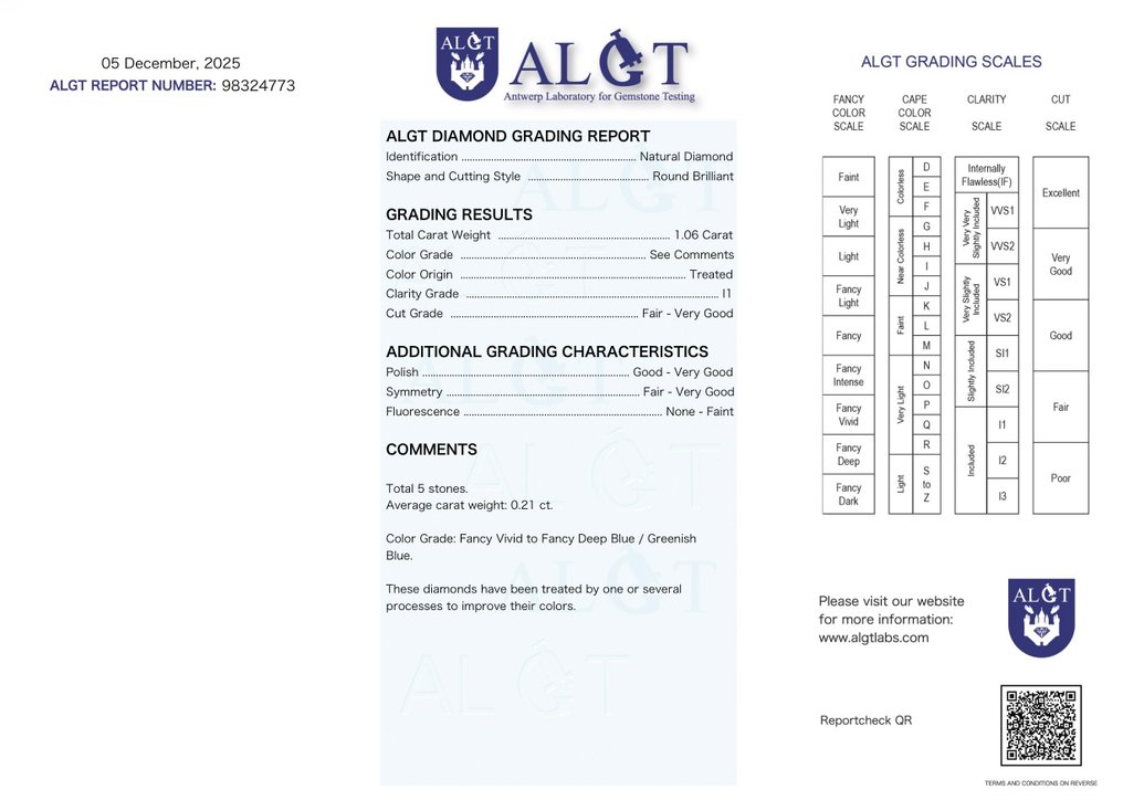 Bez ceny minimalnej
 - 5 pcs Diament  (Poddany obróbce barwy)  - 1.06 ct - okrągły - Fancy vivid Niebieski - I1 (z inkluzjami) - Antwerp Laboratory for Gemstone Testing (ALGT) #2.1