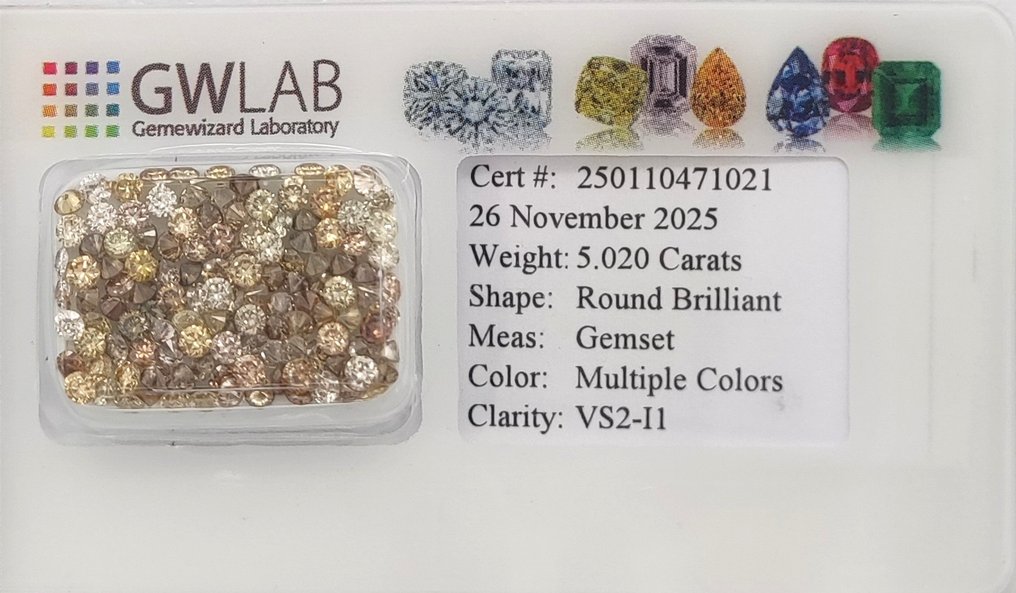 Ei pohjahintaa - 124 pcs Timantti (Luonnonvärinen) - 5.02 ct - Pyöreä Monivärinen - I1, VS2 - Gemewizardin gemologinen laboratorio (GWLab) #2.1