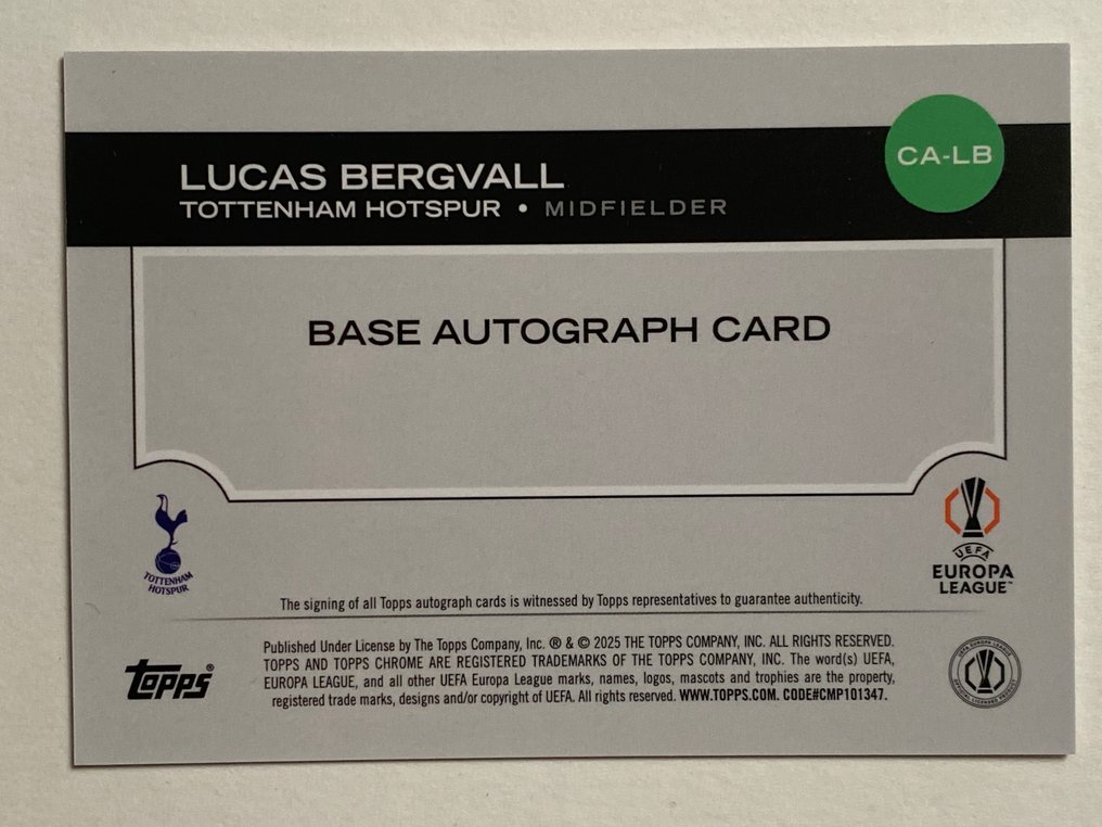 Topps Chrome Lucas Bergvall Rookie Auto 1/8 編號平行卡 - 1 Card - 八成新 (NM) #2.1