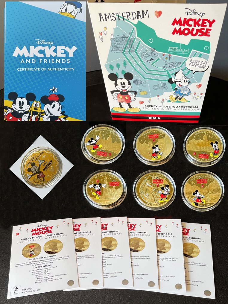 Solomon Islands, Netherlands. 2025 Mickey Mouse - Set van 6 goldplated coins in verzamelmap - 750 jaar Amsterdam plus een 24K  (No reserve price) #1.0