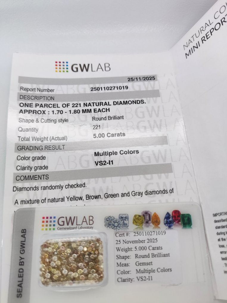 Zonder minimumprijs - 221 pcs Diamant  (Natuurlijk gekleurd)  - 5.00 ct - Rond Gemengde kleuren - P1, VS2 - Gemewizard Gemological Laboratory (GWLab) #1.0