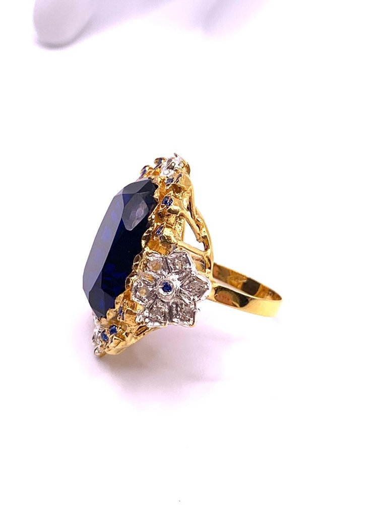 Zonder minimumprijs - Statement ring - 9 kt. Geel goud, Zilver Saffier - Saffier - Diamanten #3.2