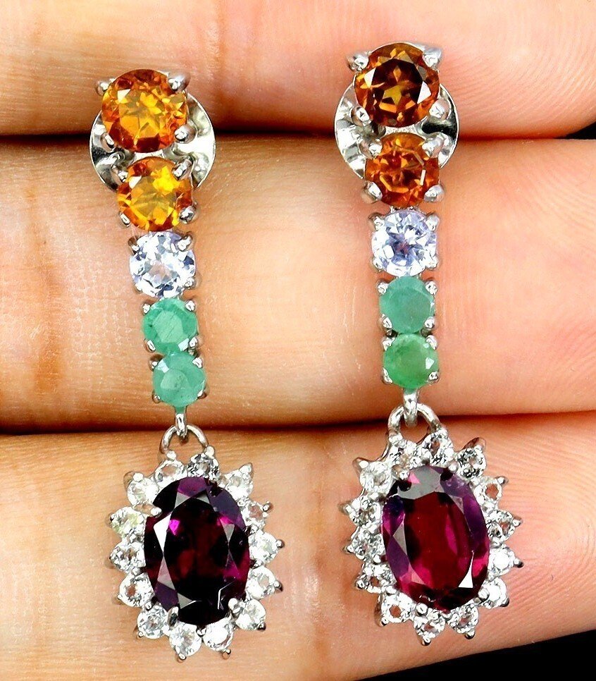 χωρίς τιμή ασφαλείας - Σκουλαρίκια Ασημί Γρανάτης - Κιτρίνης - Emerald, Tanzanite, Topaz #1.0