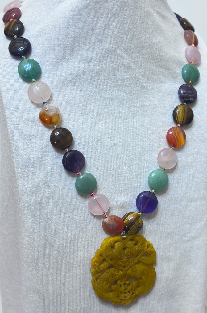 绿色 Aventurina；虎眼石；紫水晶；珊瑚……以及天然软玉藏族护符。 - 吊坠项链 - 高品质·925纯银 #3.2