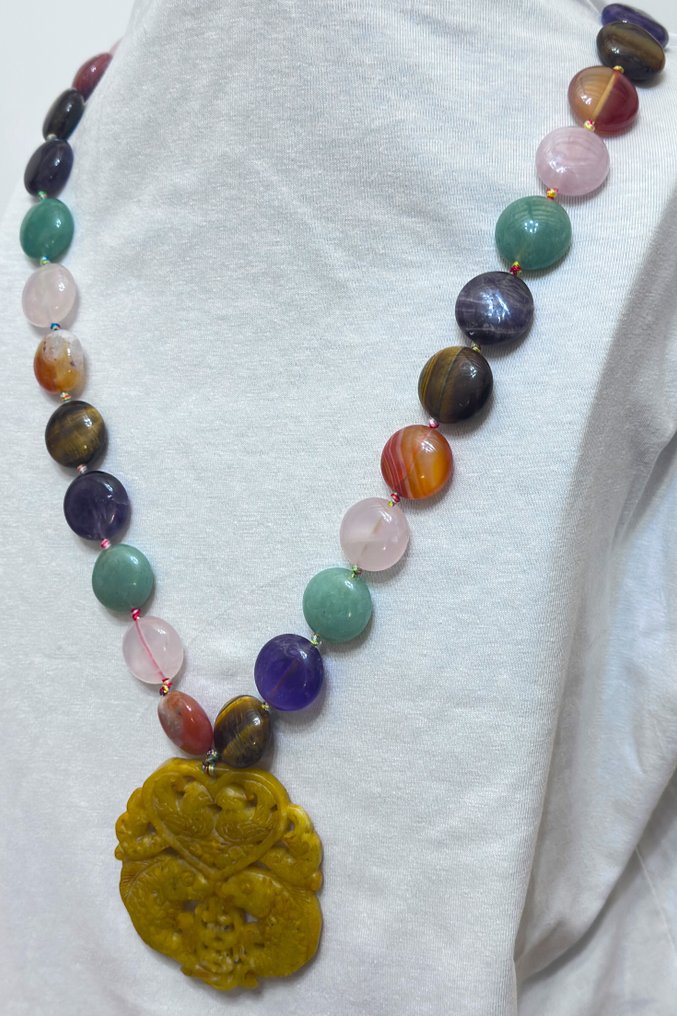 绿色 Aventurina；虎眼石；紫水晶；珊瑚……以及天然软玉藏族护符。 - 吊坠项链 - 高品质·925纯银 #2.1