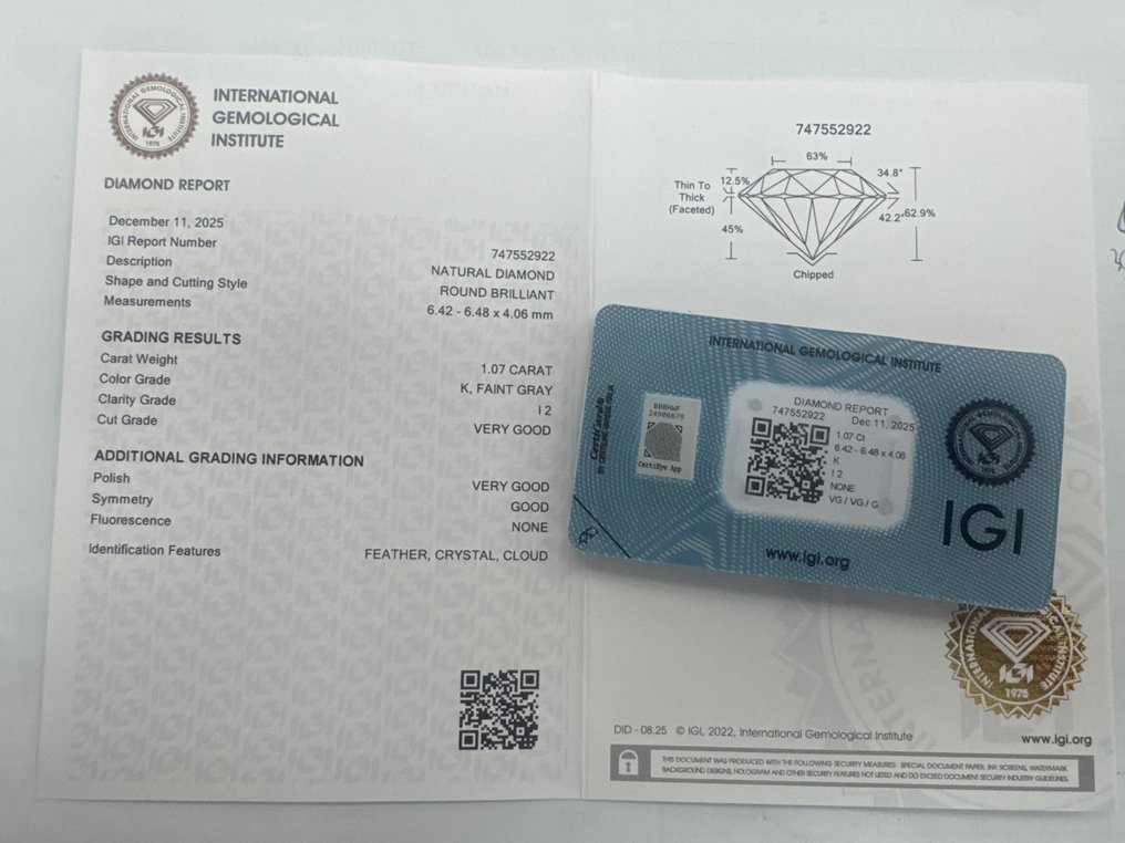 Nincs minimálár - 1 pcs Gyémánt  (Természetes)  - 1.07 ct - Kerek - K - I2 - Nemzetközi Gemmológiai Intézet (IGI) #3.2