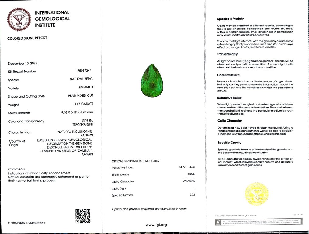 Ingen reservasjonspris Smaragd - 1.47 ct - Det internasjonale gemologiske institutt (IGI) #2.1