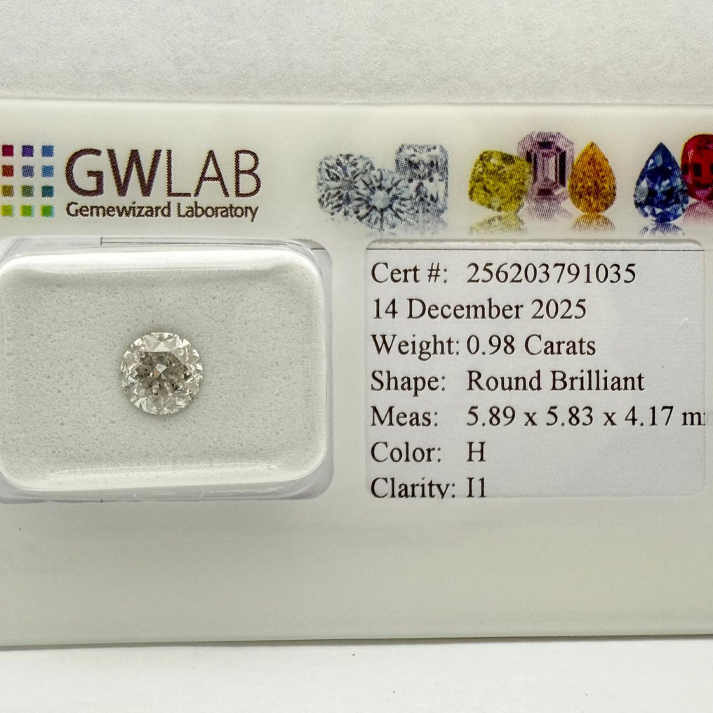 沒有保留價 - 1 pcs 鑽石  (天然)  - 0.98 ct - 圓形 - H(次於白色的有色鑽石) - I1 - Gemewizard Gemological Laboratory (GWLab) #1.0