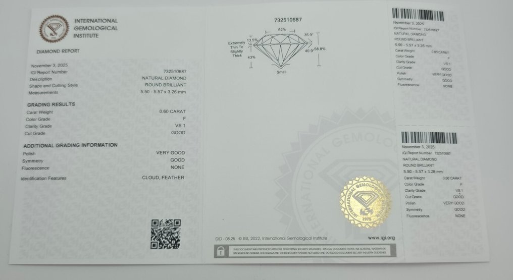 1 pcs 钻石  (天然)  - 0.60 ct - 圆形 - F - VS1 轻微内含一级 - 国际宝石研究院（IGI） #3.2