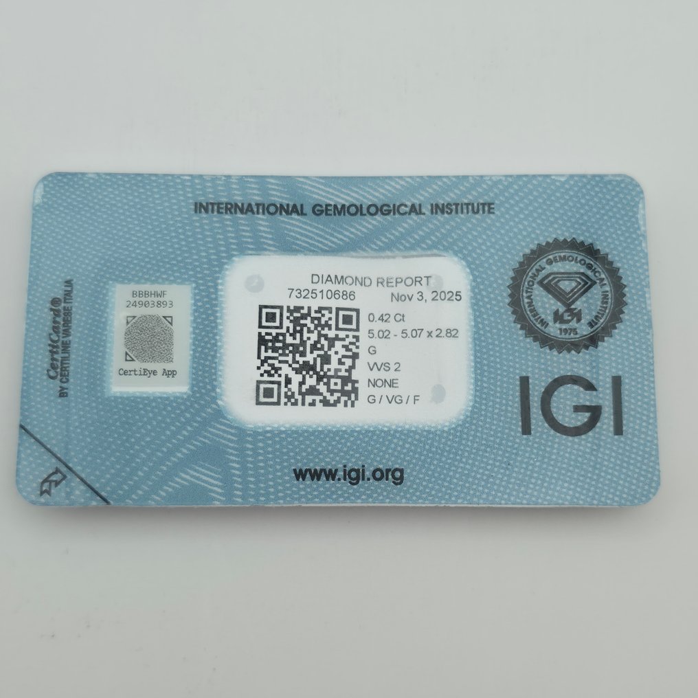 χωρίς τιμή ασφαλείας - 1 pcs Διαμάντι  (Φυσικό)  - 0.42 ct - Στρογγυλό - G - VVS2 - International Gemological Institute (IGI) #2.1