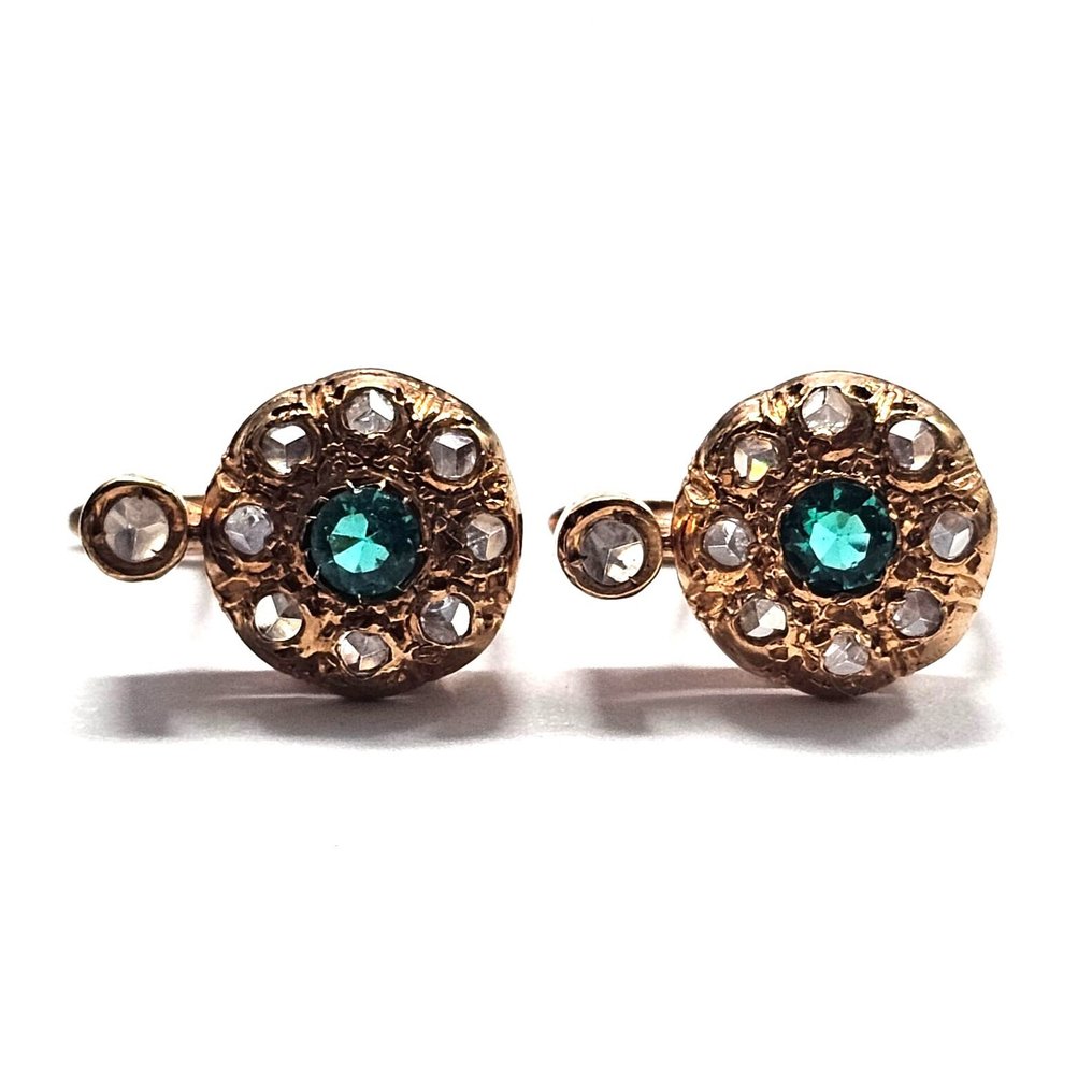 Ingen reservasjonspris - Øredobber - 9 karat Rosegull, Sølv Smaragd - Diamant #1.0
