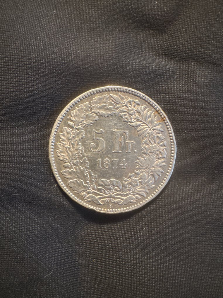 Zwitserland. 5 Francs 1874 B (ohne Punkt)  (Zonder minimumprijs) #1.0