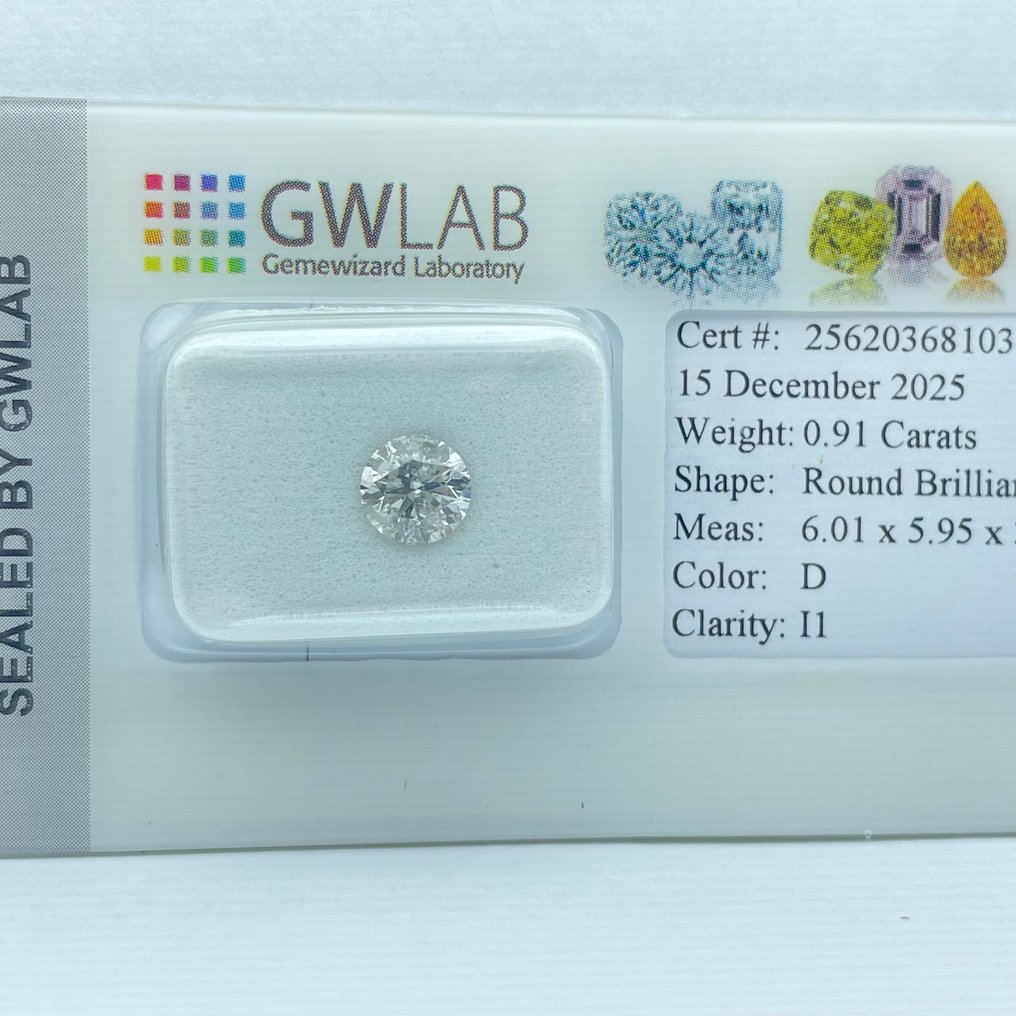 No reserve price - 1 pcs Diamond (Natural) - 0.91 ct - Round - D (colourless) - I1 - Gemewizard Gemological Laboratory (GWLab) #3.2