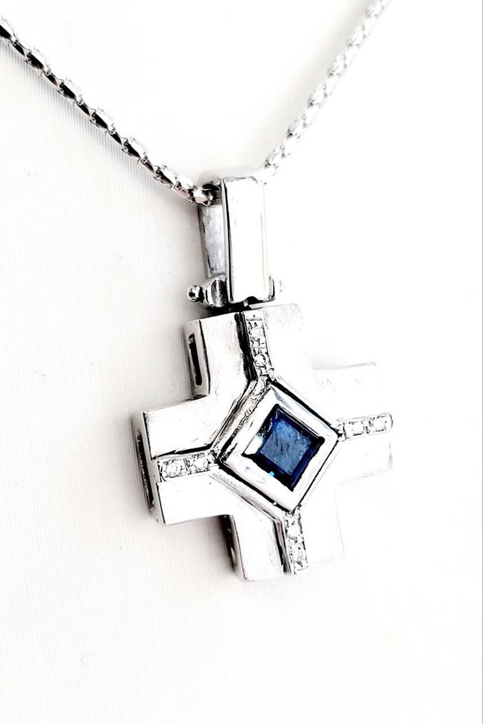 Ketting met hanger - 18 karaat Witgoud -  0.91ct. tw. Saffier - Diamant #2.1