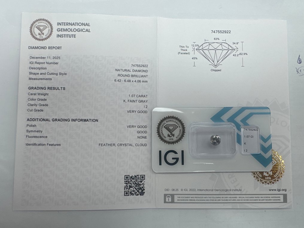 Nincs minimálár - 1 pcs Gyémánt  (Természetes)  - 1.07 ct - Kerek - K - I2 - Nemzetközi Gemmológiai Intézet (IGI) #2.1