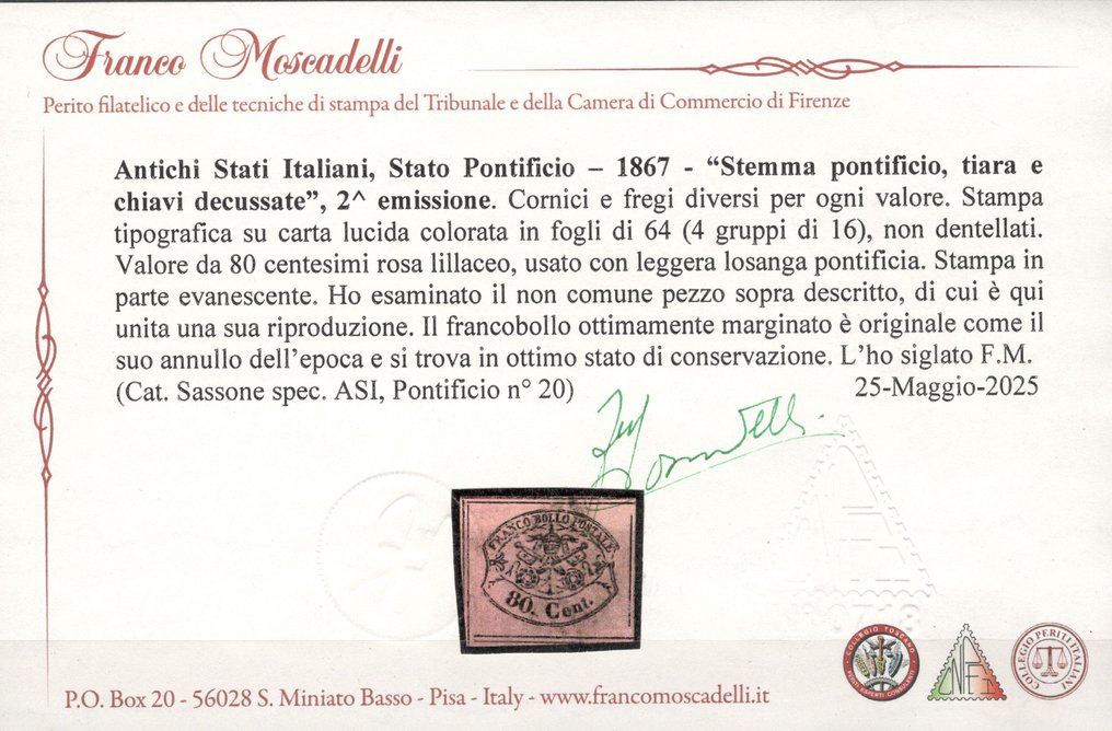Italian Ancient States - Papal State 1867 - Second Issue: 80c Rose-Lilac - No Reserve Price - Sassone n.20 #3.2