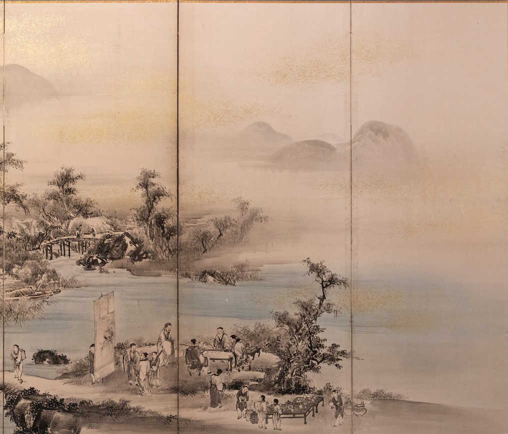 Byōbu folding screen - A six-panel Byōbu (屏風) folding screen of a lakeside landscape with Tang dynasty nobles - Signed - Japan - Edo-Meiji period (mid 19th century) #4.3