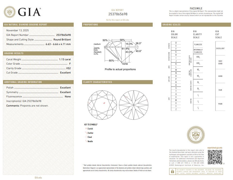 1 pcs 钻石  (天然)  - 1.13 ct - 圆形 - F - VS2 轻微内含二级 - 美国宝石研究院（GIA） #2.1