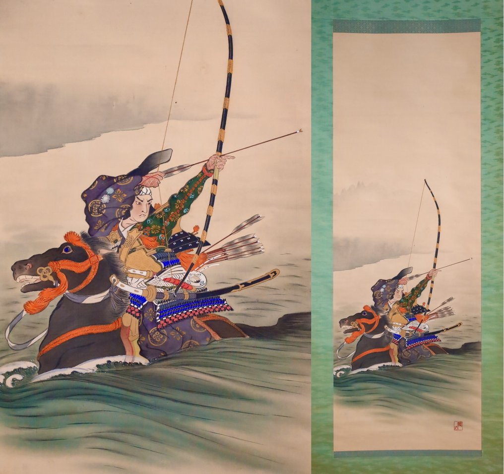 Samurai on Horseback with Arrows - Master Archer・Nasu Yoichi 那須与一 - hanging scroll - Handpainted on silk - Zoroku 蔵六 - Japan - Shōwa period (1926-1989) #1.0