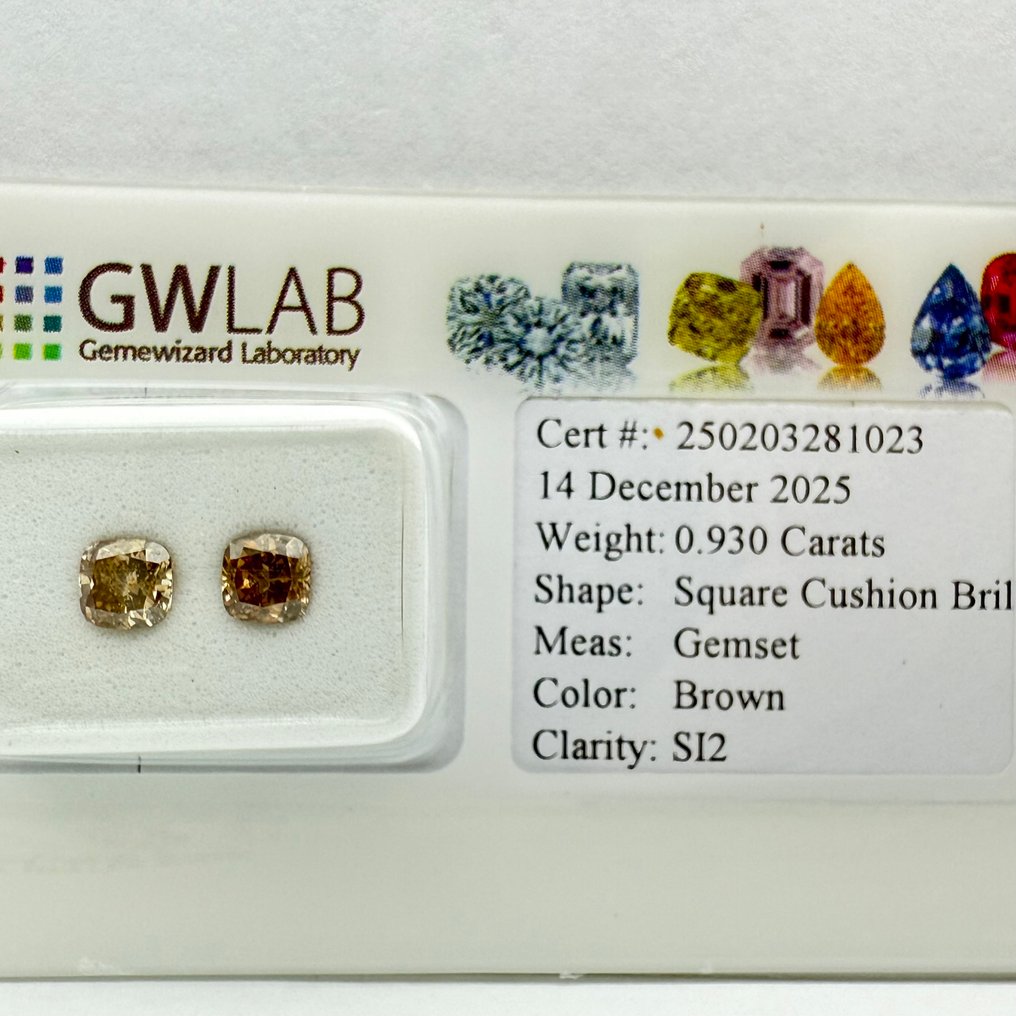 没有保留价 - 2 pcs 钻石 (天然色彩的) - 0.93 ct - 枕形 - Fancy 似橙色 棕色 - SI2 微内含二级 - Gemewizard宝石实验室(GWLab) #1.0