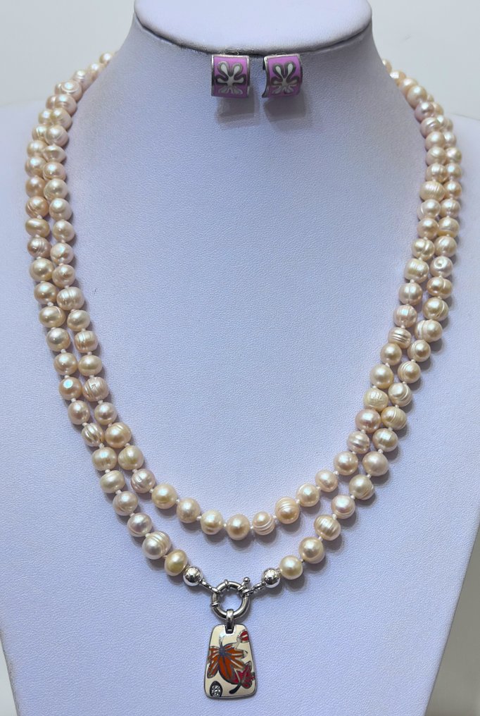 天然粉色珍珠配珐琅 / 495克拉 / 高品质 / AAA / 非常稀有 - 吊坠项链 #1.0