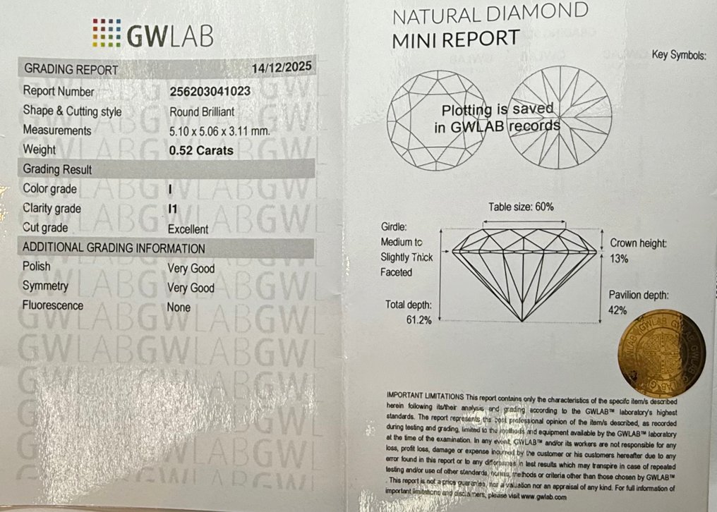 Ei pohjahintaa - 1 pcs Timantti  (Luonnollinen)  - 0.52 ct - Pyöreä - I - I1 - Gemewizardin gemologinen laboratorio (GWLab) #2.1