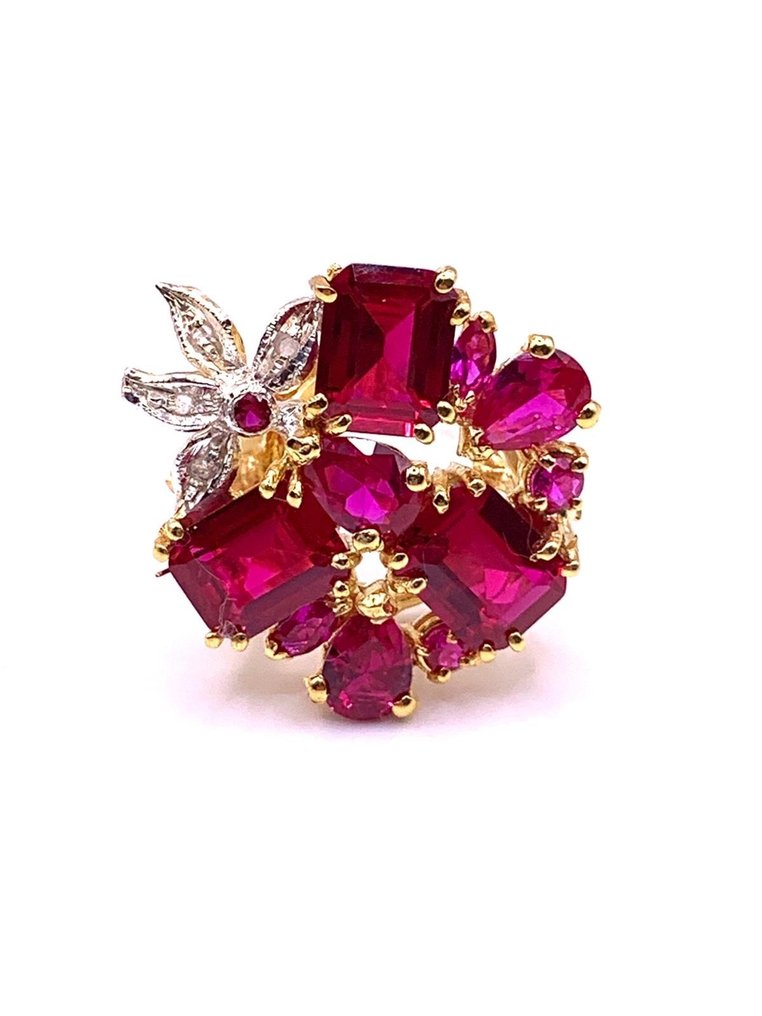 No reserve price - Cocktail ring - 9 kt. Yellow gold, Silver Ruby - Ruby - Rubini - Diamonds #1.0