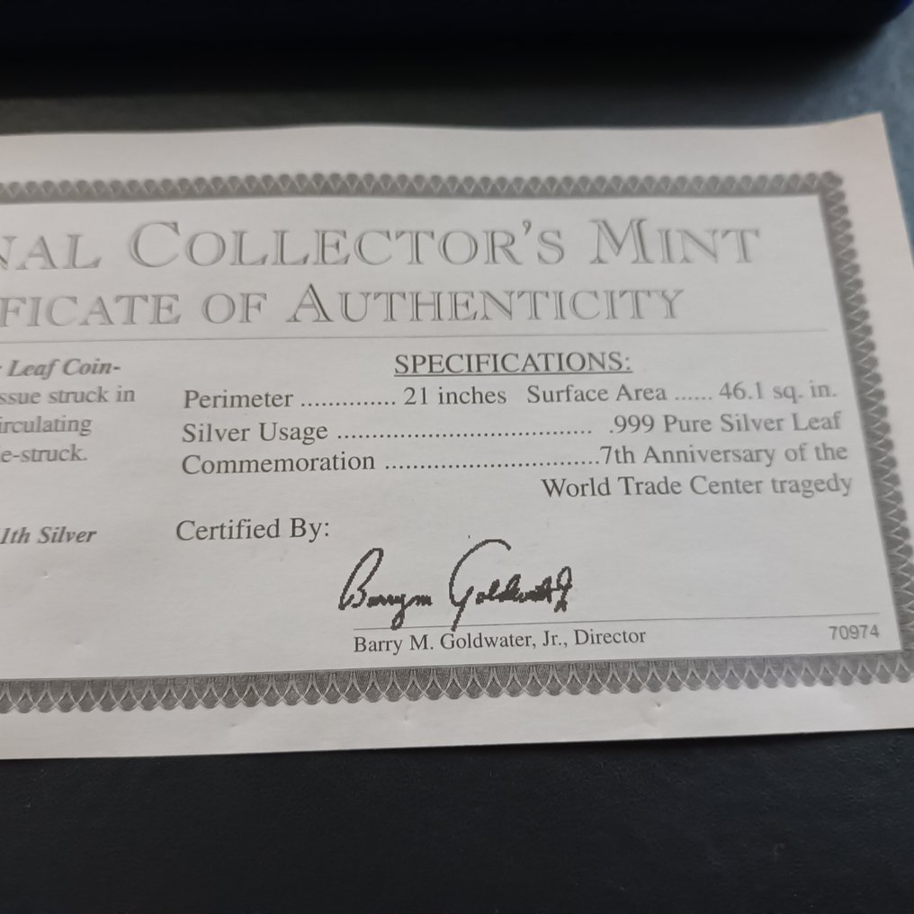 Estados Unidos. Medal 2001 20 Dollars Coin Certificate In Memory September 11th  (Sem preço de reserva) #4.3