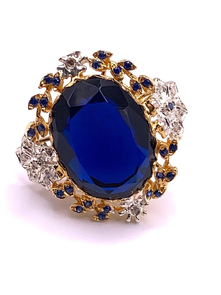 Zonder minimumprijs - Statement ring - 9 kt. Geel goud, Zilver Saffier - Saffier - Diamanten #1.0